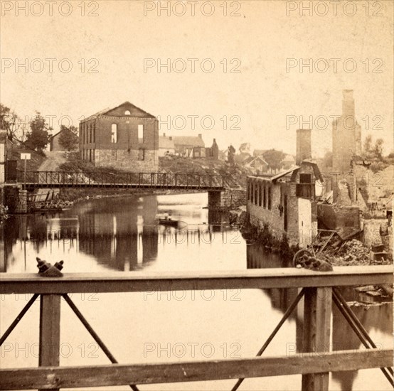 Conococheague Creek - looking east, Baptist Church & gas works, Chambersburg, Franklin Co., Pa., destroyed by the rebels under McCausland, July 30th, 1864, USA, US, Vintage photography