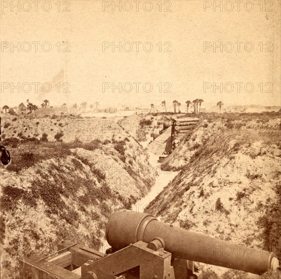 View from the parapet of Fort Moultrie, Charleston Harbor (i.e. Sullivan's Island), S.C., looking N.E., USA, US, Vintage photography
