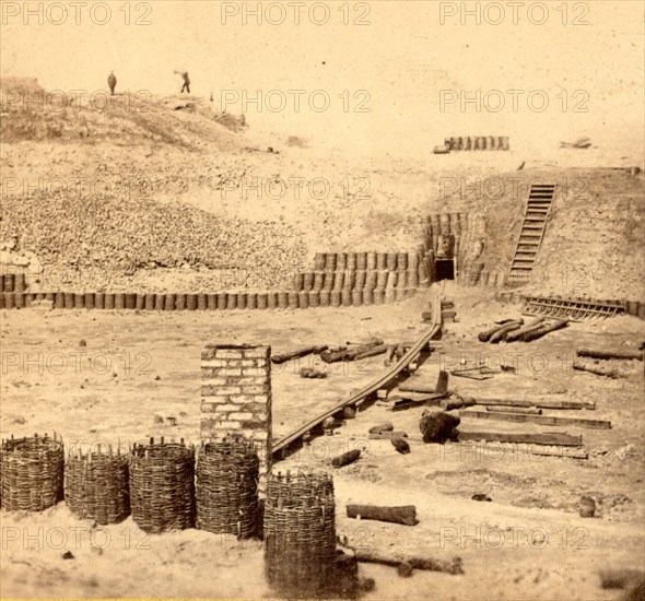 View of Fort Sumpter (i.e. Sumter). Interior, showing sallyport (entrance to the fort). Fort Sumter is a Third System masonry sea fort located in Charleston Harbor, South Carolina. The fort is best known as the site upon which the shots that started the American Civil War were fired, at the Battle of Fort Sumter on April 12, 1861. , Vintage photography