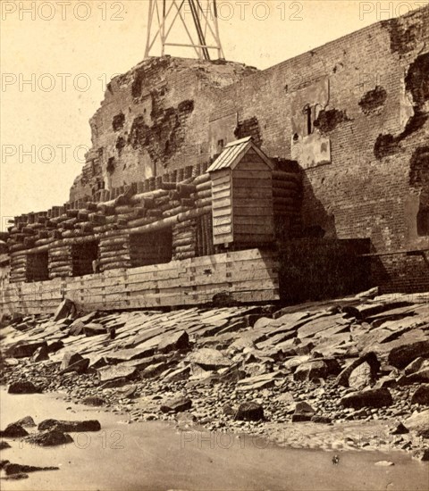 Palmetto fortifications on the channel side of Fort Sumpter (i.e. Sumter). Fort Sumter is a Third System masonry sea fort located in Charleston Harbor, South Carolina. The fort is best known as the site upon which the shots that started the American Civil War were fired, at the Battle of Fort Sumter on April 12, 1861. , Vintage photography