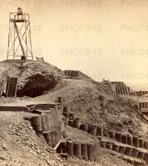 Interior of Fort Sumpter (i.e. Sumter), showing light house. Fort Sumter is a Third System masonry sea fort located in Charleston Harbor, South Carolina. The fort is best known as the site upon which the shots that started the American Civil War were fired, at the Battle of Fort Sumter on April 12, 1861. , Vintage photography