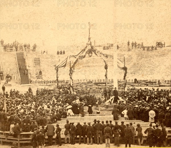 Interior of Fort Sumpter (i.e. Sumter), Charleston Harbor, S.C., April 14th, 1865. Awaiting the arrival of Gen. Anderson and the invited guests, Vintage photography