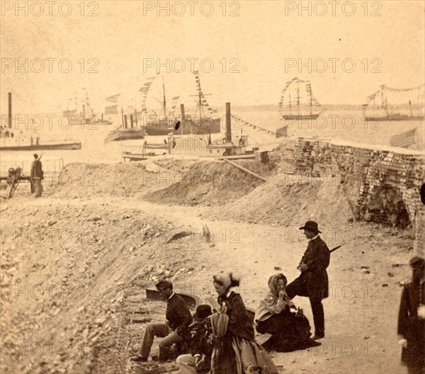 View from the parapet of Fort Sumpter (i.e. Sumter), Charleston Harbor, S.C., during the raising of the old flag, April 14th, 1865, Vintage photography