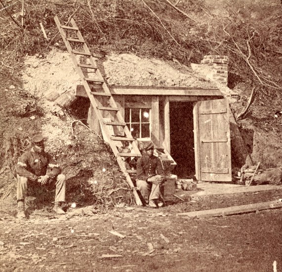 Bomb-proof quarters of Major Strong, at Dutch Gap, Va., July, 1864, US, USA, America, Vintage photography