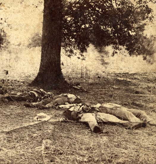 Confederate soldiers who had evidently been shelled by our batteries on Round Top, at the Battle of Gettysburg, US, USA, America, Vintage photography