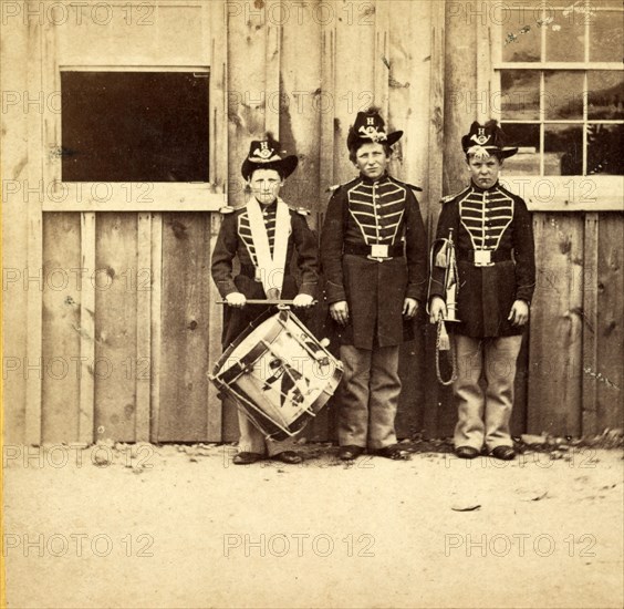 Three drummer boys (now at Ft. Hamilton) who have been in 9 battles of the rebellion, US, USA, America, Vintage photography