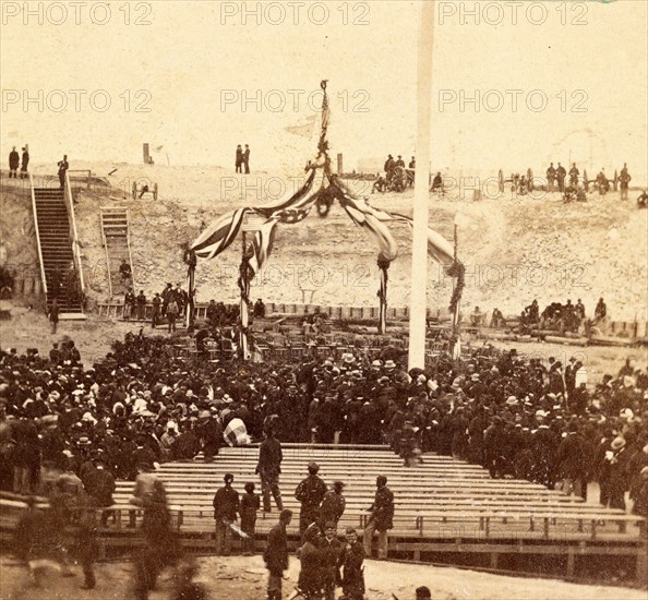 Interior of Fort Sumpter (i.e. Sumter), Charleston harbor, S.C., April 14, 1865. Awaiting the arrival of Gen. Anderson and the invited guests to inaugurate the ceremony of raising the old flag, US, USA, America, Vintage photography