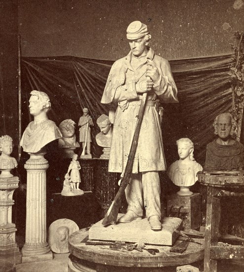 Maquette of Union soldier for Roxbury Soldiers' Monument and other sculptures at the studio of Martin Milmore in Boston, Massachusetts,  Vintage photography 19th century, US, USA, America, Vintage photography