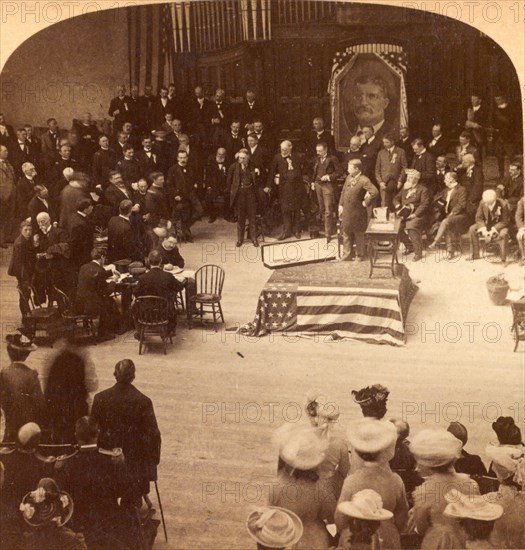 Major Jenkins receiving South Carolina's sword from President Roosevelt, Exposition Auditorium, Charleston, S.C., US, USA, America, Vintage photography