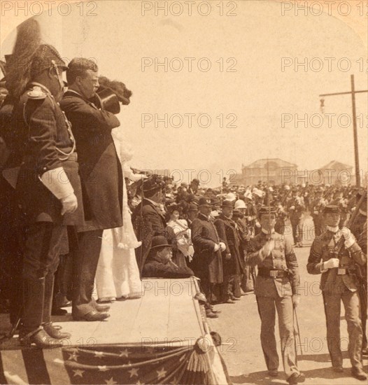 The military parade passing in review before President Roosevelt, Exposition Auditorium, Charleston, S.C., US, USA, America, Vintage photography