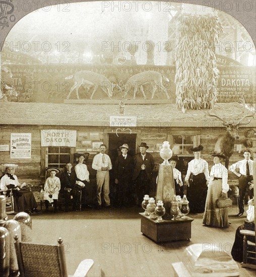 Pres. Roosevelt's log cabin, N. Dakota exhibit, Agricultural Building, Louisiana Purchase Exposition, US, USA, America, Vintage photography