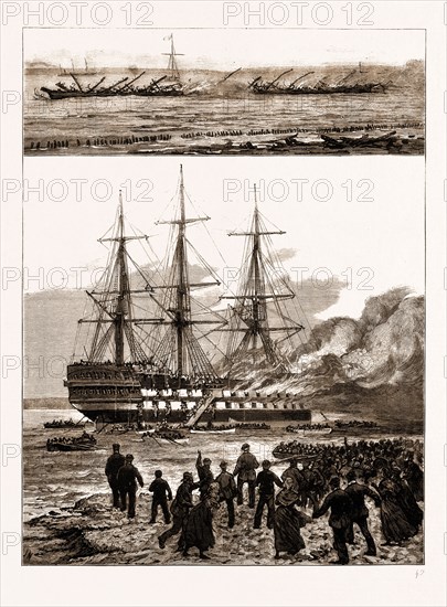 THE BURNING OF THE TRAINING SHIP "GOLIATH", 1876:1. The Remains of the Vessel. 2. The Vessel on Fire.
