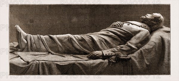 RECUMBENT STATUE OF THE LATE GENERAL LEE, IN THE MAUSOLEUM AT LEXINGTON, VIRGINIA, U.S.A., U.S., US, USA, UNITED STATES, UNITED STATES OF AMERICA, 1876