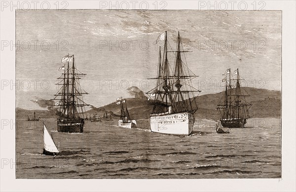 THE ROYAL VISIT TO INDIA: THE "SERAPIS " WITH THE PRINCE OF WALES ON BOARD LEAVING BOMBAY HARBOUR, 1876
