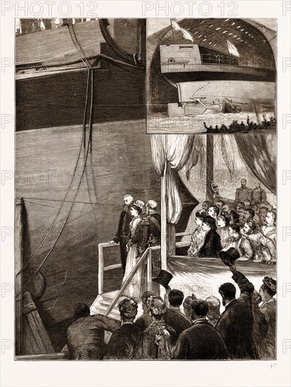 LAUNCH OF THE NEW IRONCLAD "INFLEXIBLE" AT PORTSMOUTH, UK, 1876: 1. H.R.H. The Princess Louise Examining the Launching Apparatus. 2. The Vessel Leaving the "Ways."