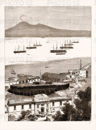 THE ITALIAN NAVY: THE NEW IRONCLAD "DUILIO" ON THE STOCKS IN THE HARBOUR OF CASTELLAMARE, ITALY, 1876