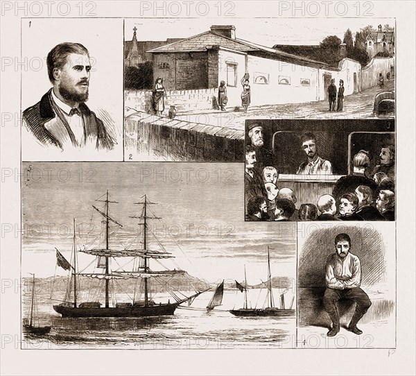 THE MUTINY ON BOARD THE "CASWELL", 1876: 1. James Carrick, the Seaman who brought the Vessel Home. 2. The Bridewell, Queenstown. 3. "He's watching you," a Sketch in the Court. 4. Christ Baumbo, the Prisoner. 5. Portrait of the Vessel.