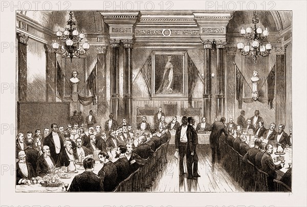 THE AMERICAN CENTENNIAL EXHIBITION, 1876: BANQUET GIVEN BY THE BRITISH AMBASSADOR, SIR E. THORNTON, AT ST. GEORGE'S HALL, PHILADELPHIA, US, U.S., U.S.A., USA, UNITED STATES, UNITED STATES OF AMERICA, AMERICA