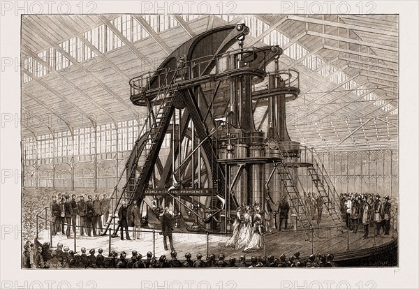 THE AMERICAN CENTENNIAL EXHIBITION, 1876: PRESIDENT GRANT AND THE EMPEROR OF BRAZIL STARTING THE "CORLISS" ENGINE IN THE MACHINERY HALL, US, U.S., USA, U.S.A., UNITED STATES, UNITED STATES OF AMERICA, AMERICA
