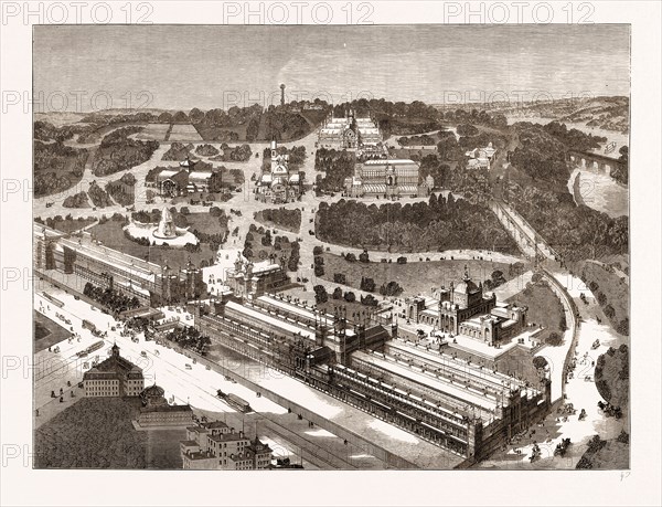 BIRD'S-EYE VIEW OF THE AMERICAN CENTENNIAL EXHIBITION AND GROUNDS, US, U.S., USA, U.S.A., UNITED STATES, UNITED STATES OF AMERICA, AMERICA, 1876