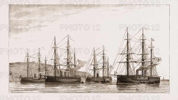 THE GERMAN IRONCLAD FLEET IN PLYMOUTH SOUND, UK, 1876; Deutschland, Friedrich Karl, Kronprinz, Kaiser (Flag Ship)