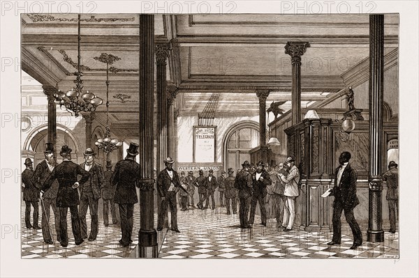 THE AMERICAN CENTENNIAL EXHIBITION: HOTEL LIFE AT PHILADELPHIA: THE INQUIRY OFFICE, US, U.S., U.S.A., UNITED STATES, UNITED STATES OF AMERICA, 1876