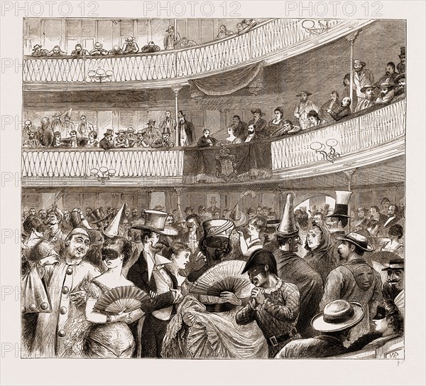 THE CARNIVAL BAL-MASQUE IN THE TACON THEATRE, HAVANA, CUBA, 1876; MASQUERADE BALL