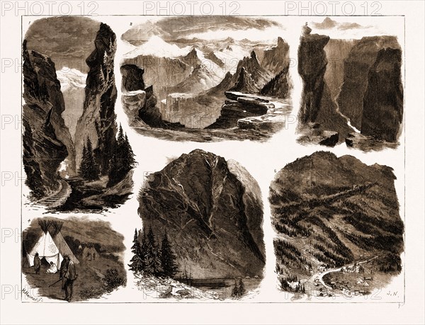 VIEWS ON THE DENVER AND RIO GRANDE RAILWAY, UNITED STATES, UNITED STATES OF AMERICA, USA, US, U.S., U.S.A., AMERICA: 1. Royal Gorge in the Grand Cation, on the Grade. 2. View on the Uncompahgre River, now being Surveyed by the Engineers. 3. Grand Canon of the Arkansas, above G rade. 4. An Indian Encampment in Colorado. 5. An Engineers' Encampment on the Denver and Rio Grande Railway: The Silver Veins in the San Juan Mountain, Colorado. 6. The Town of Redcliff.