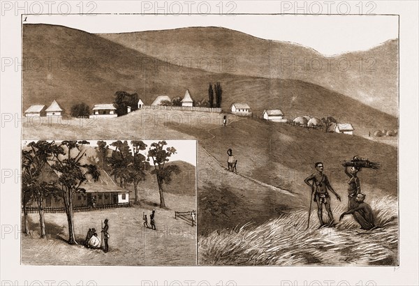 THE RESTORATION OF CETEWAYO: 1. Emangete, Chief Dunn's Residence, Zululand. 2. St. Andrew's Mission Station, Three Miles from Chief Dunn's Residence. 1883