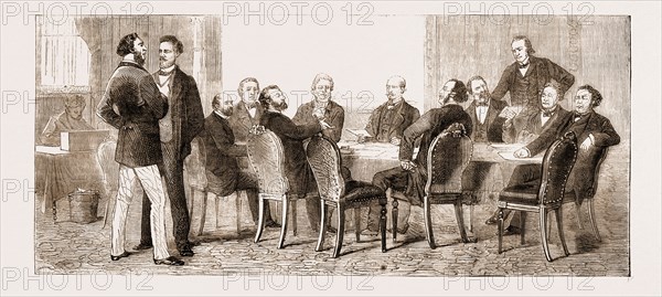LEON MICHEL GAMBETTA'S FIRST CABINET COUNCIL, A MEETING OF THE GOVERNMENT OF NATIONAL DEFENCE, SEPTEMBER 1870; Jules Favre, Rochefort, Arago, Glais-Bizoin, General Trochu, Jules Simon, Pelletan, Garnier Pages, Cremieux, Ernest Picard