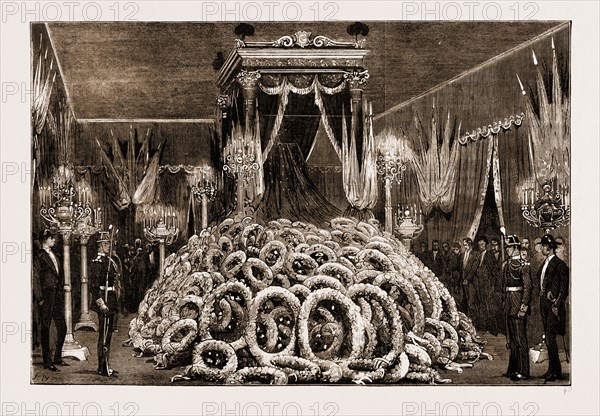 THE LATE LEON GAMBETTA: THE LYING-IN-STATE IN THE MORTUARY CHAMBER IN THE PALAIS BOURBON, FRANCE, 1883