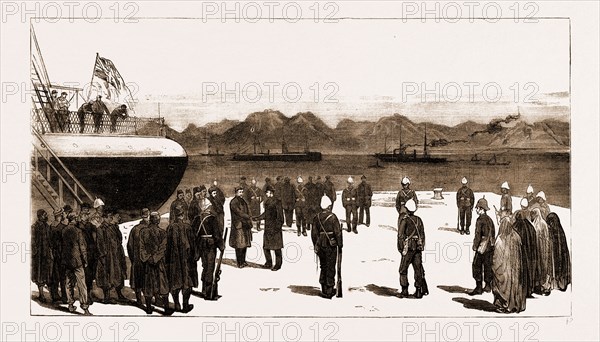 EGYPT AFTER THE WAR: THE HON. MARK NAPIER BIDDING FAREWELL TO ARABI AND HIS FELLOW-EXILES ON THEIR EMBARKATION AT SUEZ FOR CEYLON, 1883