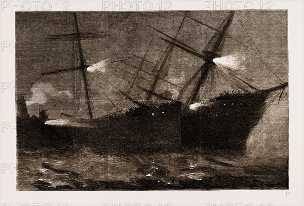 THE FATAL COLLISION AT THE MOUTH OF THE MERSEY BETWEEN THE INMAN MAIL STEAMER "CITY OF BRUSSELS" AND THE HALL LINE STEAMER "KIRBY HALL", 1883