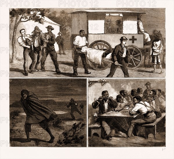 THE SMALL POX EPIDEMIC AT CAPE TOWN: SKETCHES AT THE TEMPORARY HOSPITAL AT "RENZSKIE'S FARM", SOUTH AFRICA, 1883: 1. The Ambulance Bringing in Patients from Cape Town. 2. A Runaway. 3. A Convalescent Dinner.