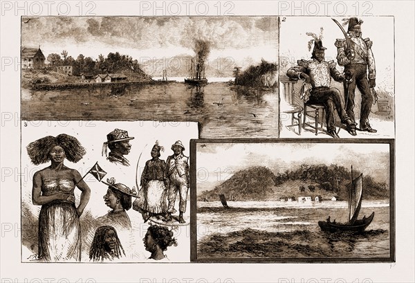 THE MADAGASCAR DIFFICULTY, SKETCHES AT MAJUNGA BAY: 1. Nossi Bay, the French Settlement. 2. The Governor of Majunga and one of His Staff. 3. Some Native Types. 4. Majunga Bay. 1883