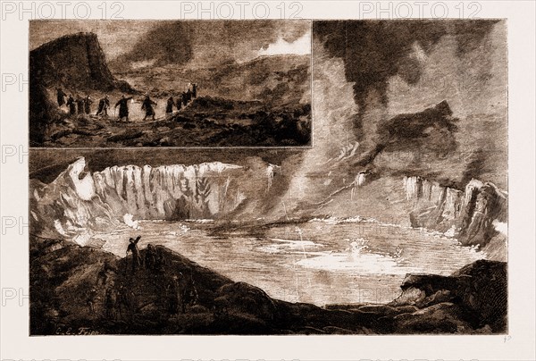 A NIGHT DESCENT INTO THE CRATER OF KILAUEA, HAWAII, SANDWICH ISLANDS: CROSSING THE CRATER BY LANTERN LIGHT, THE BURNING LAKE, 1883