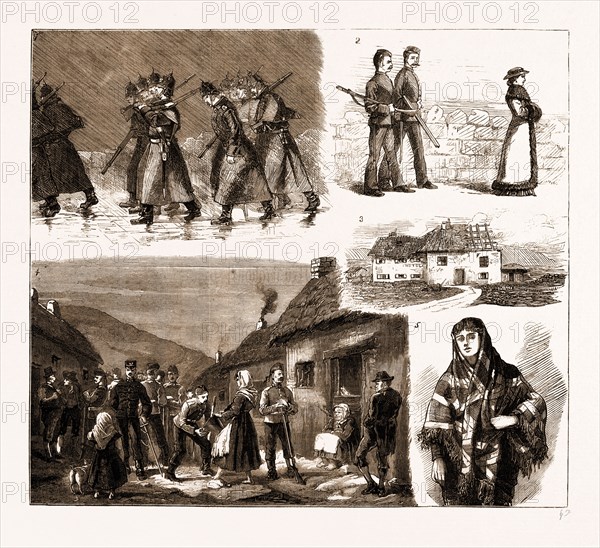 FLY LEAVES FROM THE POCKET-BOOK OF A SOLDIER IN IRELAND: WITH A DETACHMENT ON THE WEST COAST, 1883: 1. How We Got There: En Route, 15 Miles from Dinner. 2. Life in Clare: A Landowner's Afternoon Walk. 3. Our Quarters. 4. Patrolling: A Halt. 5. A Colleen.