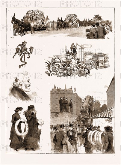 THE FUNERAL OF M. GAMBETTA AT NICE, FRANCE, 1883: 1. The Funeral Procession. 2. A Draped Lamp. 3. At the Nice Railway Station : The Wreaths from Paris. 4. M. Gambetta, the Father of the Deceased Statesman. 5. Mdme. Leris, the Sister of the late M. Gambetta. 6. The Procession Passing Up the Cemetery Steps.
