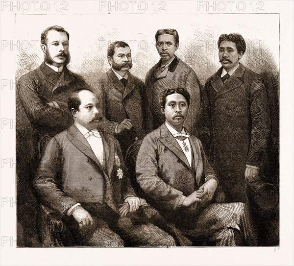 THE EMBASSY FROM H.M. THE QUEEN OF MADAGASCAR VISITING ENGLAND, THE AMBASSADORS AND THEIR SUITE, 1883: Anthony Tacchi, Moses Andrianisa, His Excellency Ravoninahitriniarivo, Ranjalahy, Ramaniraka, Marika Rabibisoa