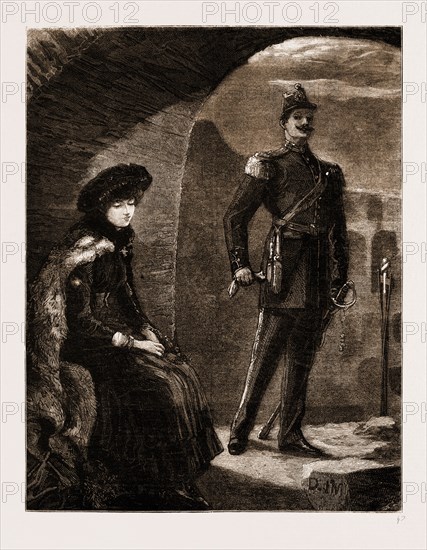 LIKE SHIPS UPON THE SEA, DRAWN BY SYDNEY HALL, 1883; As he passed from beneath the archway to where he sat, he crossed a moonlit space, and the rays of light sparkled for an instant on his sword and the silver star on his uniform, and attracted her eye.