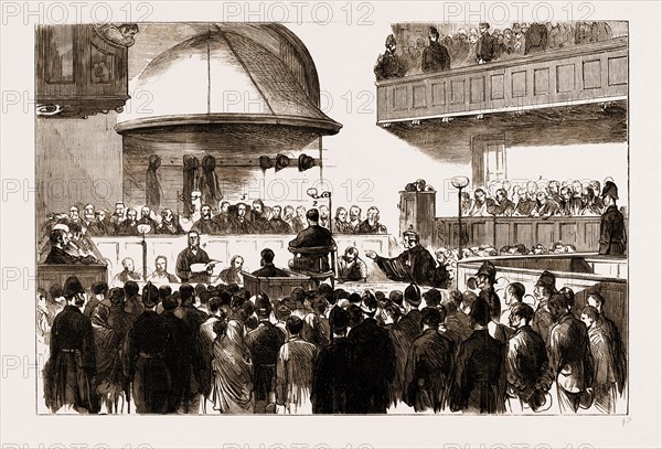 THE MURDER LEAGUE IN DUBLIN, IRELAND, 1881: THE MAGISTERIAL INVESTIGATION IN KILMAINHAM COURT HOUSE: 1. Prisoners. 2. Informer. 3. Prisoners' Counsel. 4. Crown Prosecutor. 5. Presiding Magistrate.