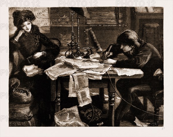 LIKE SHIPS UPON THE SEA, DRAWN BY SYDNEY HALL, 1883; She insisted on Bini's taking his place in the armchair, pushed aside a mass of papers to make room for him to write, and took up her post on the dusty magenta-coloured sofa, announcing that she did not mean to leave it until Bini should have completed his task.