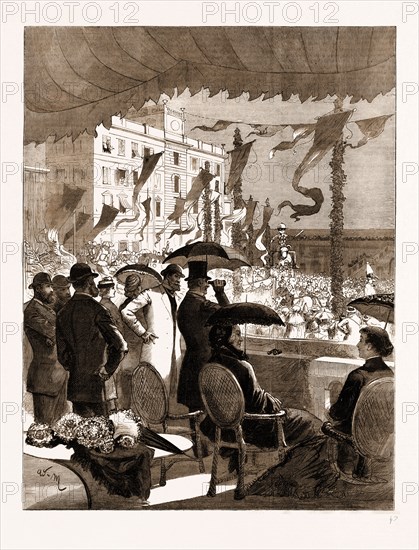 MR. AND MRS. GLADSTONE WITNESSING THE CARNIVAL PROCESSION AT NICE FROM THE BALCONY OF THE PREFECTURE, 1883