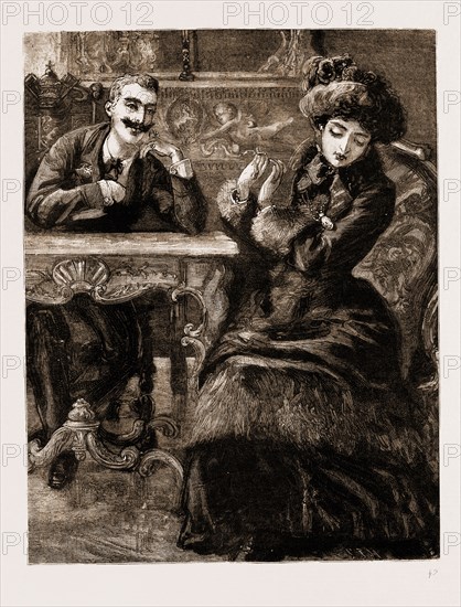 LIKE SHIPS UPON THE SEA, DRAWN BY SYDNEY HALL, 1883; Her face changed suddenly, and lost its serenity. She thrust her hands out with the action of putting something away. "Don't call me that," she exclaimed. "Don't use that name. No one has called me by it since I lost my sister."