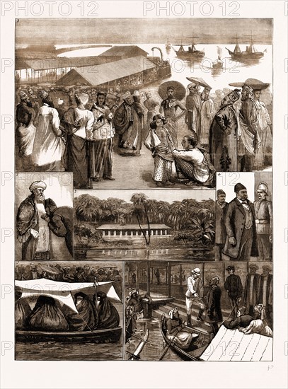 ARABI IN EXILE, THE ARRIVAL AT COLOMBO, CEYLON, SRI LANKA, 1883: 1. Arabi and his Companions Coming Ashore in a Steam Launch from the "Mareotis:" Mahomedans Waiting to Welcome the. Exiles. 2. Lake House, Colombo, Arabi's Residence. 3. Arabi Kissing the Hand of a Mollah or Priest who had Salaamed to Him on His Landing. 4. Aralai and Toq[ba Passing from the Jetty to their Carriage. 5. A Party of the Egyptian Women. 6. The Chief of the Ceylon Police Receiving Arabi on His Landing.
