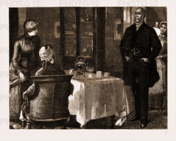 LIKE SHIPS UPON THE SEA, DRAWN BY SYDNEY HALL, 1883; Presently, when it was nearly dark, and Miss Baines had fallen into a doze, a heavy step was heard advancing along the passage, and a hand threw open the door, not roughly, but with authoritative decision, and a voice said, "Well, so here you are."