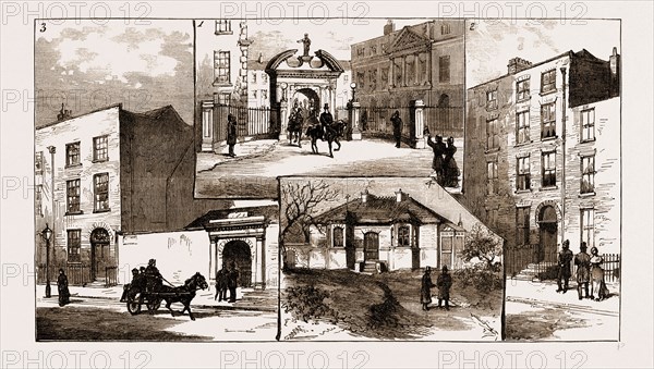 THE MURDER LEAGUE IN DUBLIN, IRELAND, 1883: 1. Corkhill, Where the House Was Taken from which to Assassinate Lord Spencer as He Left the Castle. 2. No. 19A, Denzille Street, the Residence of James Carey. 3. No. 10, Peter Street, One of the Meeting-places of the Murder League. 4. Rosemount Cottage, Kilmainham, Where the Witnesses are Lodged Under Police Protection.