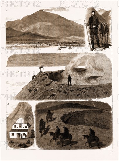 AN ASCENT OF MOUNT ETNA, ITALY, 1883: 1. Mount Etna from the Sea. 2. A Sicilian Muleteer. 3. On the Edge of the Crater. 4. Casa Inglese, at the Foot of the Cone. 5. Ascending the Mountain by Night