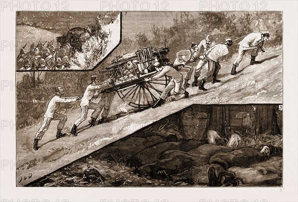 THE VOLUNTEER REVIEW AT BRIGHTON: THE MARCH DOWN OF THE BAGGAGE GUARD OF THE ARTISTS' CORPS (20TH MIDDLESEX), 1883: 1. A Snowstorm on Banstead Downs, Wednesday, the 21st Inst. 2. The Artists Dragging the New Army Carriage ("Moncrieff's Wheel"). 3. Night Quarters in a Barn.