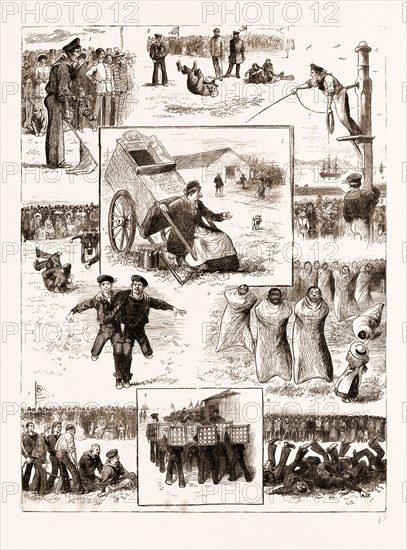 ATHLETIC SPORTS BY BOYS OF A TRAINING SHIP, 1883: 1. "Hall 'Ands for Three-Legged Race, Fall In." 2. The Long Jump on Slippery Grass. 3. Heaving the Lead. 4. The Three-Legged Race. 5. "Well, They Don't Get Much Pocket Money, Anyhow." 6. The Sack Race As It Appeared to the Young Rustic. 7 and 9. The Tug of War: The Effect of the Winning Side Suddenly Letting Go. 8. Marching Back.